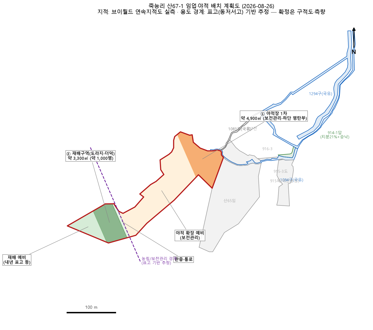 죽능리 산67-1 부지 배치도 — 진입 방향과 구획